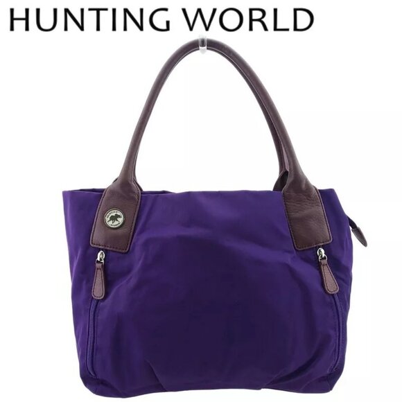 HUNTING WORLD Tote Bag Logo Button Nylon Canvas x Leather Authentic Used - Picture 1 of 8